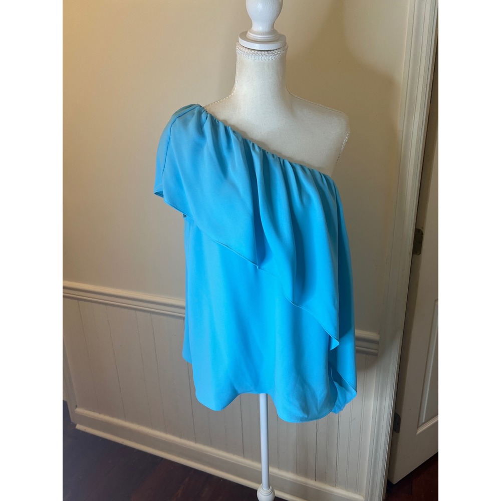 Trina Turk‎ Satisfied Top Turquoise Blue One Shoulder Ruffle Blouse Size M - Picture 9 of 9